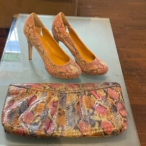 BCBG Vibrant Snakeskin Clutch and matching shoes